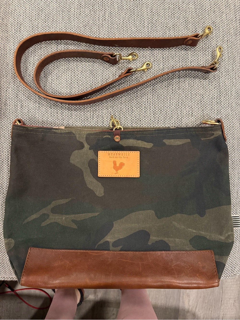 Meanwhile Back on the Farm Camo Waxed Canvas Leather Tote 2 Straps GUC